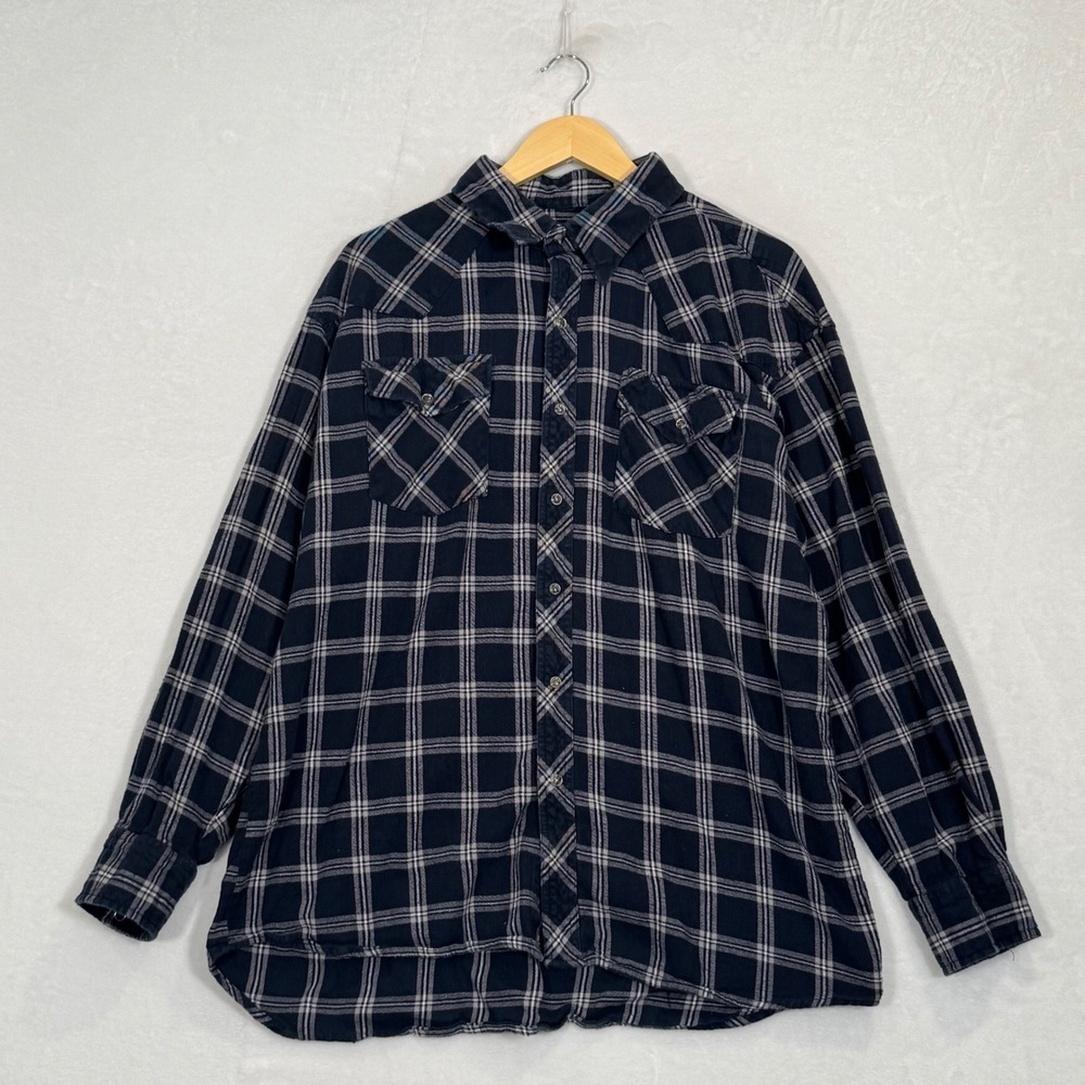 Most Wanted Navy Blue Plaid Western Button Down Shirt 2XL